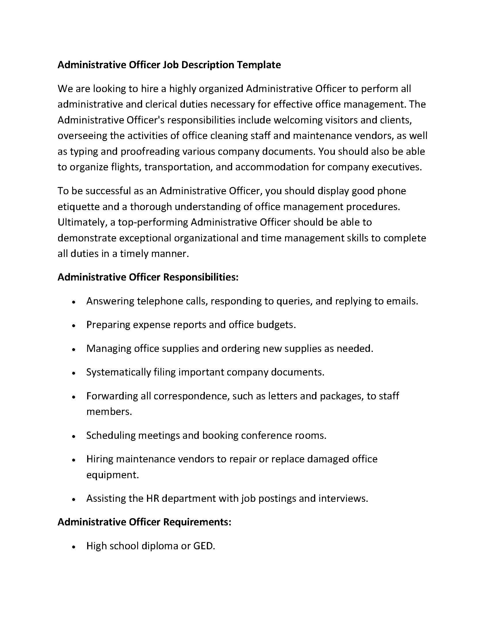 Administrative Officer Job Description Template